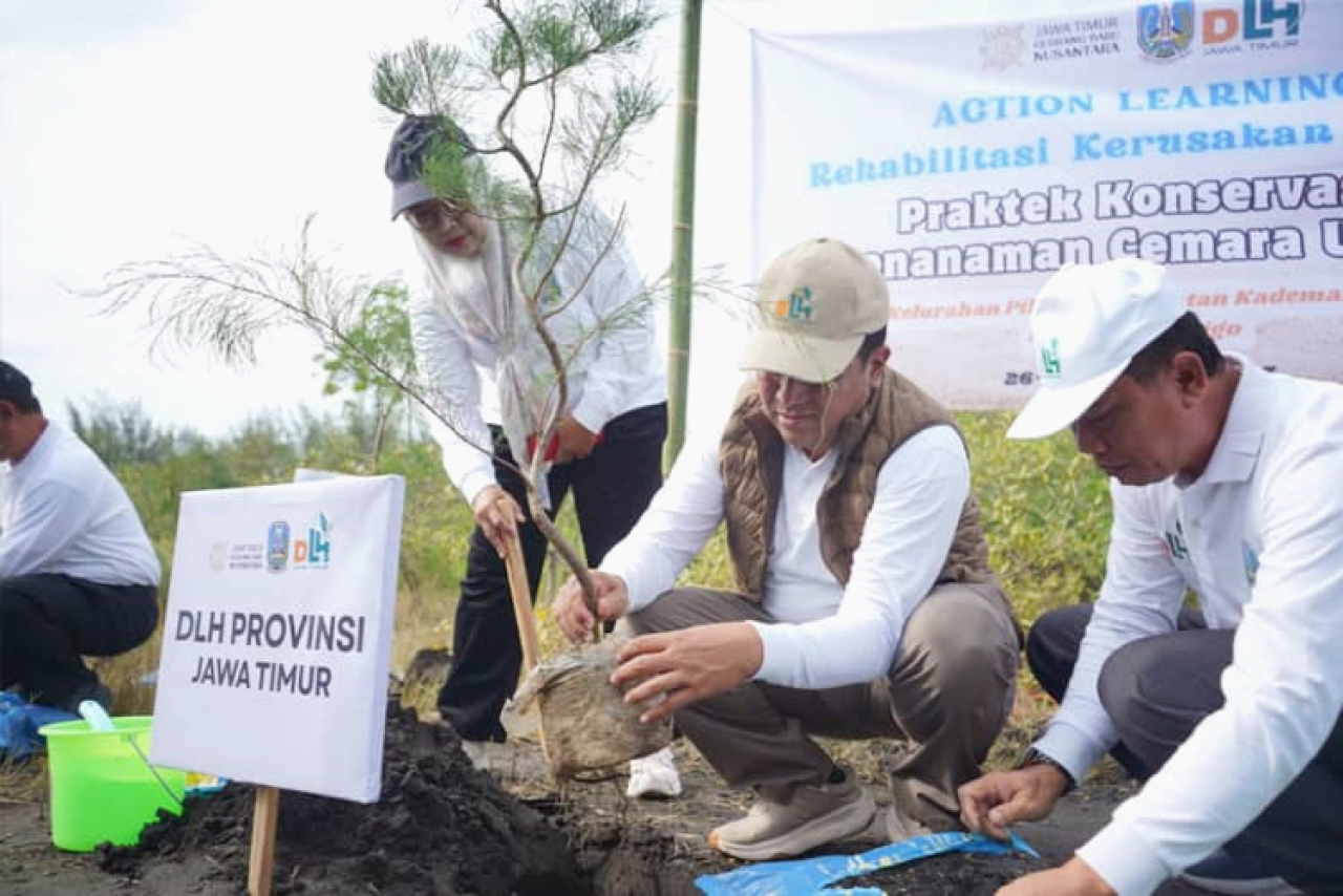 PLT Kadis DLH Jatim Nurkholis saat melakukan aksi menanam Pohon di Pantai Permata Kota Probolinggo