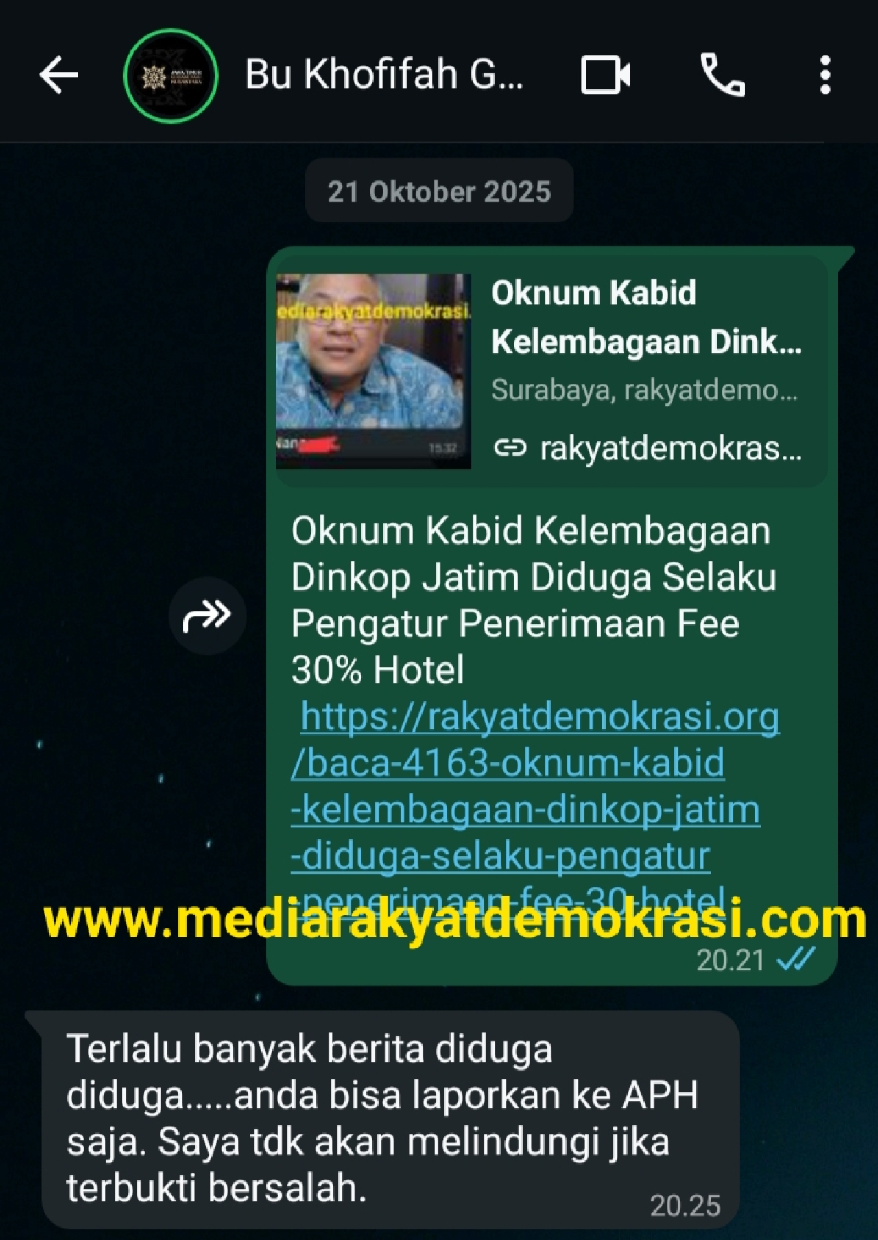 Foto hasil Screenshot percakapan WA yang diterima oleh media ini tahun 2025 lalu oleh Bu Khofifah Gubernur Jatim