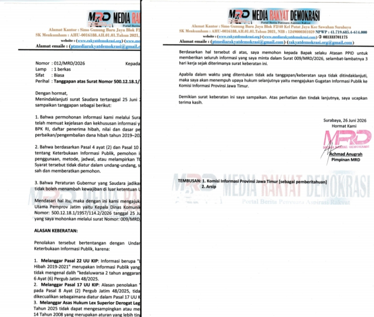 Surat keberatan MRD atas jawaban surat permohonan informasi dari Kepala Dinas Komunikasi dan Informatika Provinsi Jawa Timur