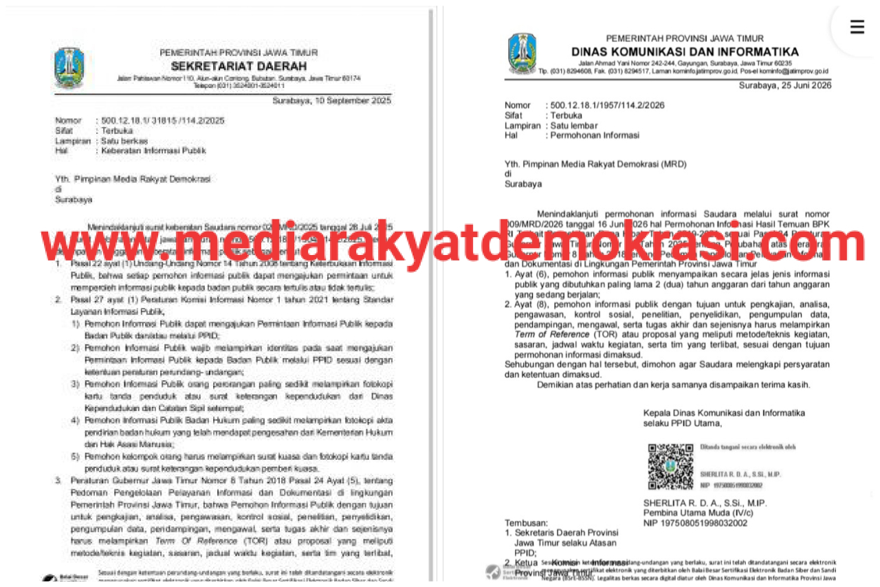Dua balasan surat dari Diskominfo Jatim yang selalu menggunakan dalil Pergub Jatim