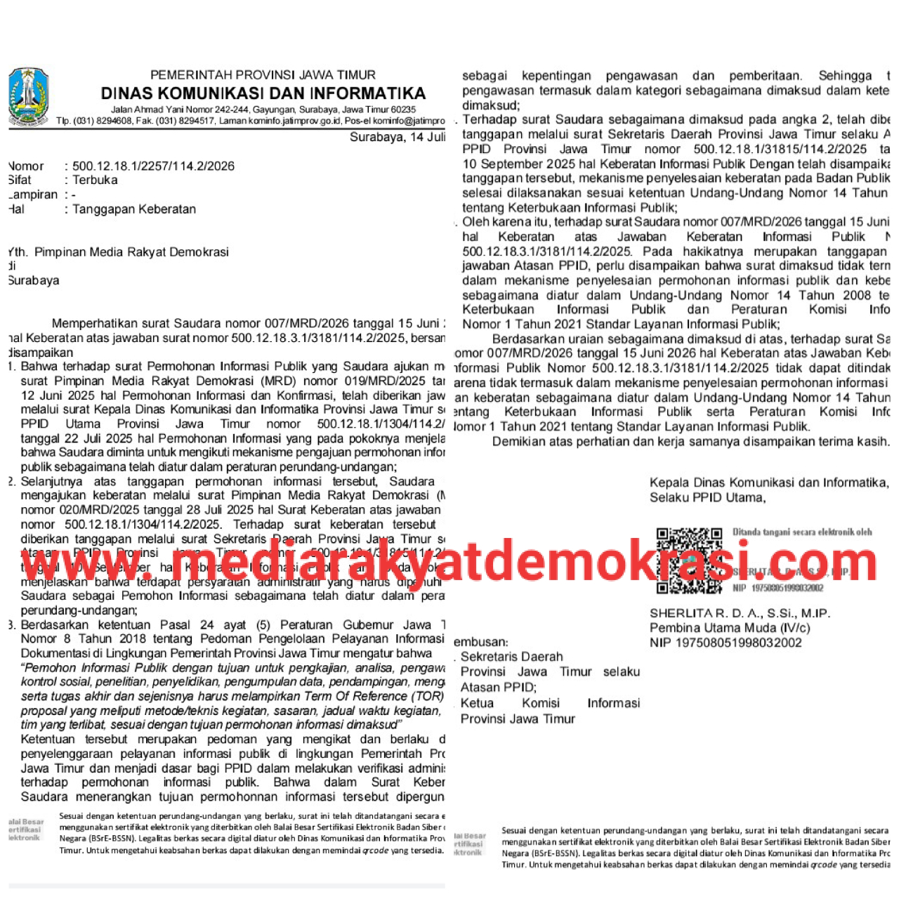 Surat balasan dari Kepala Dinas Komunikasi dan Informatika Provinsi Jatim