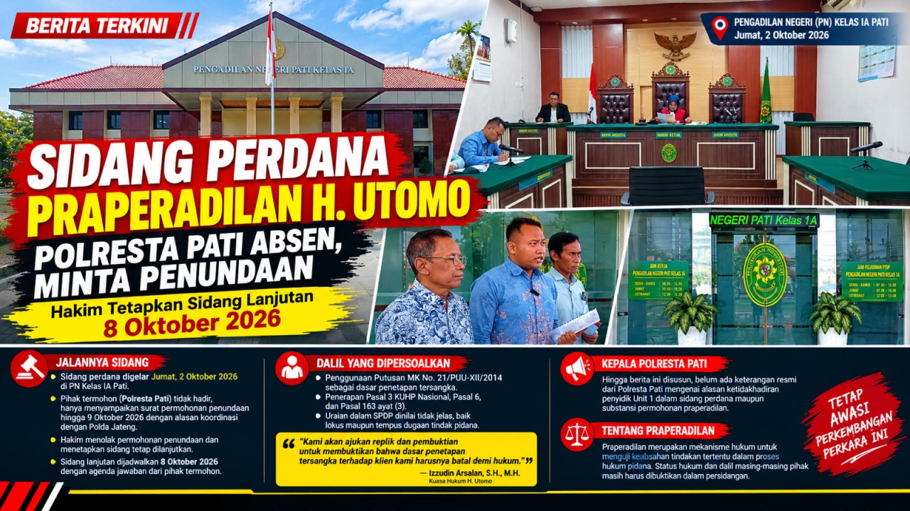 Sidang Perdana Praperadilan H. Utomo, Polresta Pati Absen dan Minta Penundaan