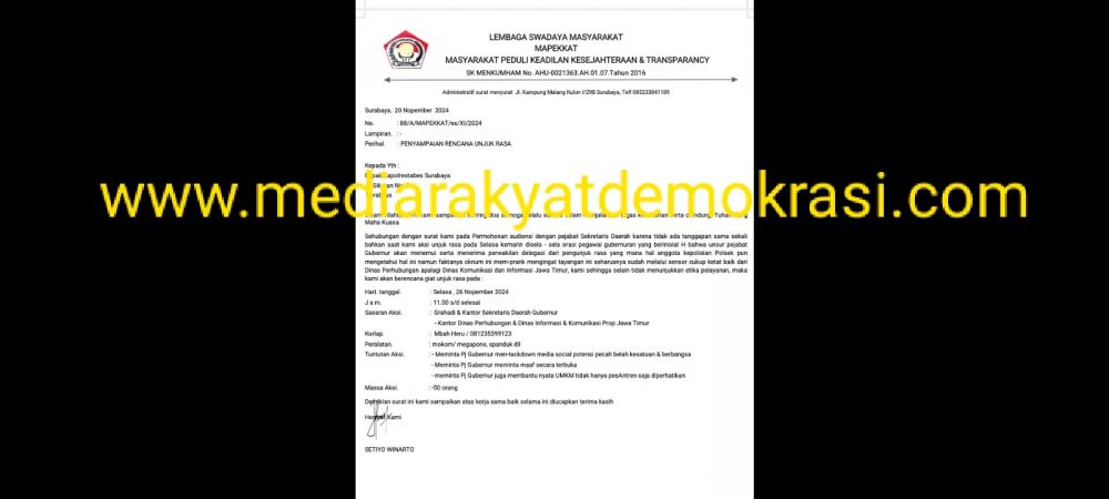 Masa Tenang Pilkada 2024, MAPEKKAT Bakal Demo Di 4 Titik Lokasi Di Pemprov Jatim