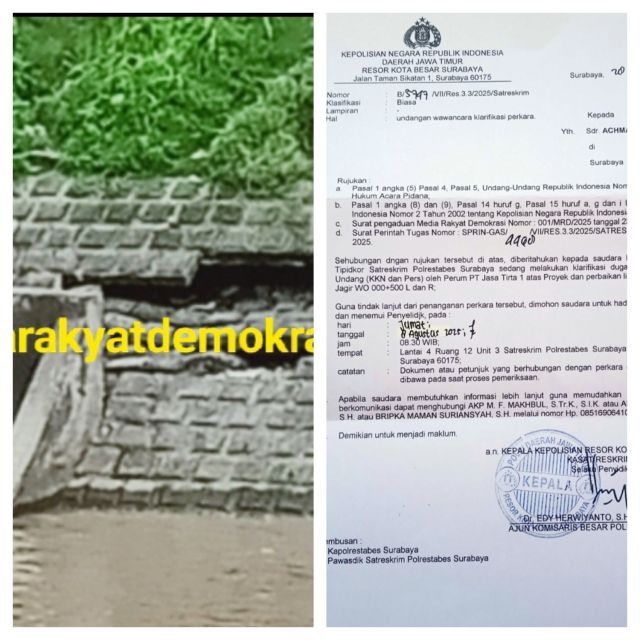 Terkait Dugaan Korupsi Pada Proyek PT Jasa Tirta 1 Pekerjaan Lindung Tebing Pintu Air Jagir Surabaya, Polrestabes Panggil Pimpinan MRD