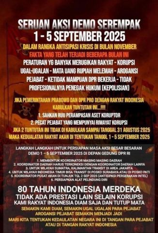 Beredar Seruan Aksi Demo Rakyat Indonesia Serentak Tanggal 1-5 September 2025, Benarkah Akan Terlaksana?