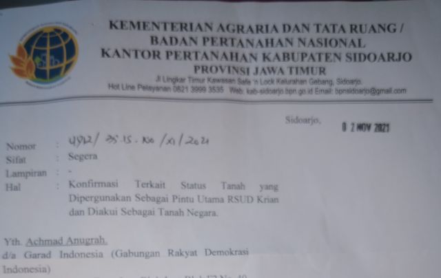 Terkait SK Persetujuan SHM Atas Tanah Bibis Bunder Yang Digusur, BPN Sidoarjo Akui Tak Sampaikan Surat Perintah Setor (SPS)