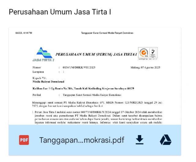 Tanggapan Dianggap Kurang Relevan, MRD Layangkan Kembali Somasi Ke2 Kepada PT Jasa Tirta 1 Atas Dugaan Pelanggaran UU Pers